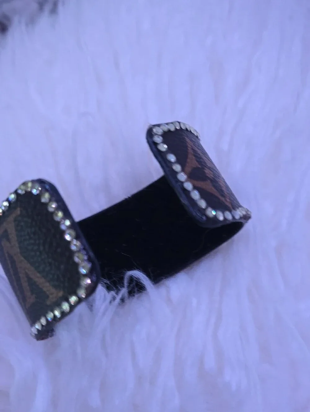 Designer-Style Brown Monogram Leather Cuff Bracelet with Crystal Trim